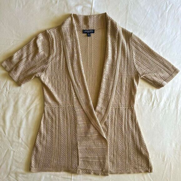 2000s Notations Tan Short Sleeve Knit Open Front Cardigan Sz PS Boho Fairy Indie - Picture 1 of 4